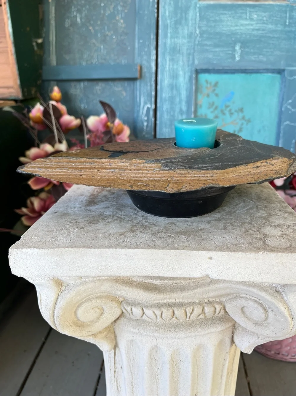 Rustic natural slate stone tealight candle holder